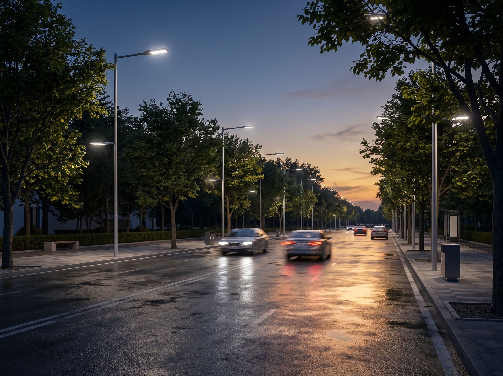 Tree-lined boulevard lit by LED street lights