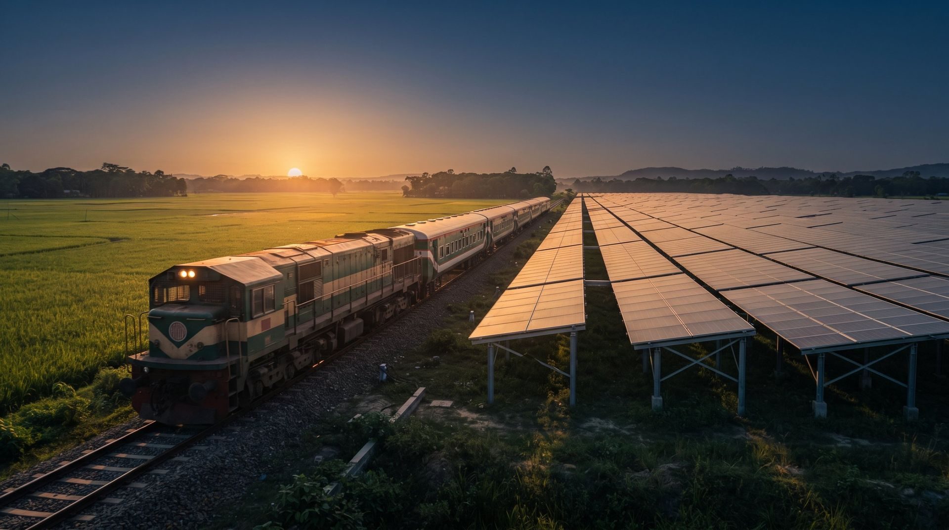 Train passing a large solar plant beside paddy fields