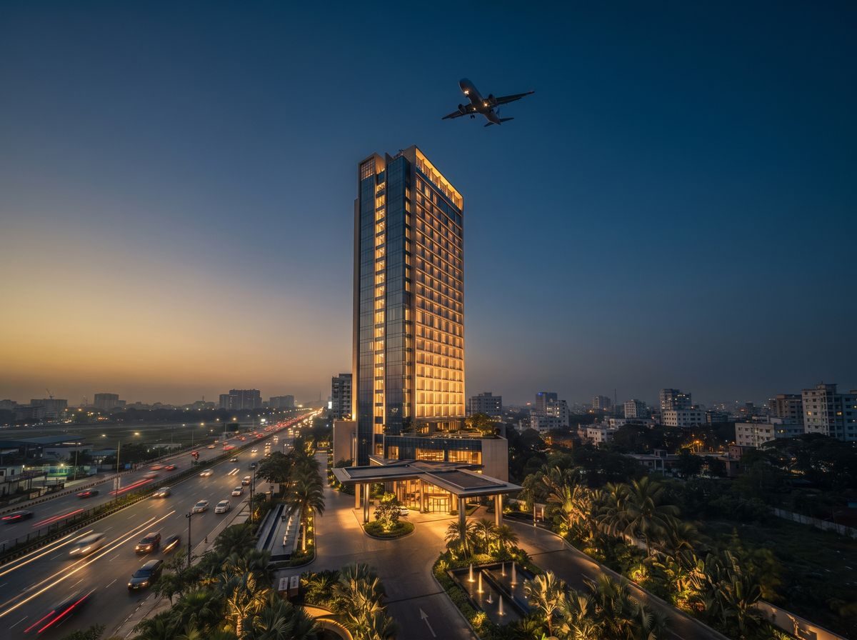 Five-star hotel tower beside an airport road at dusk