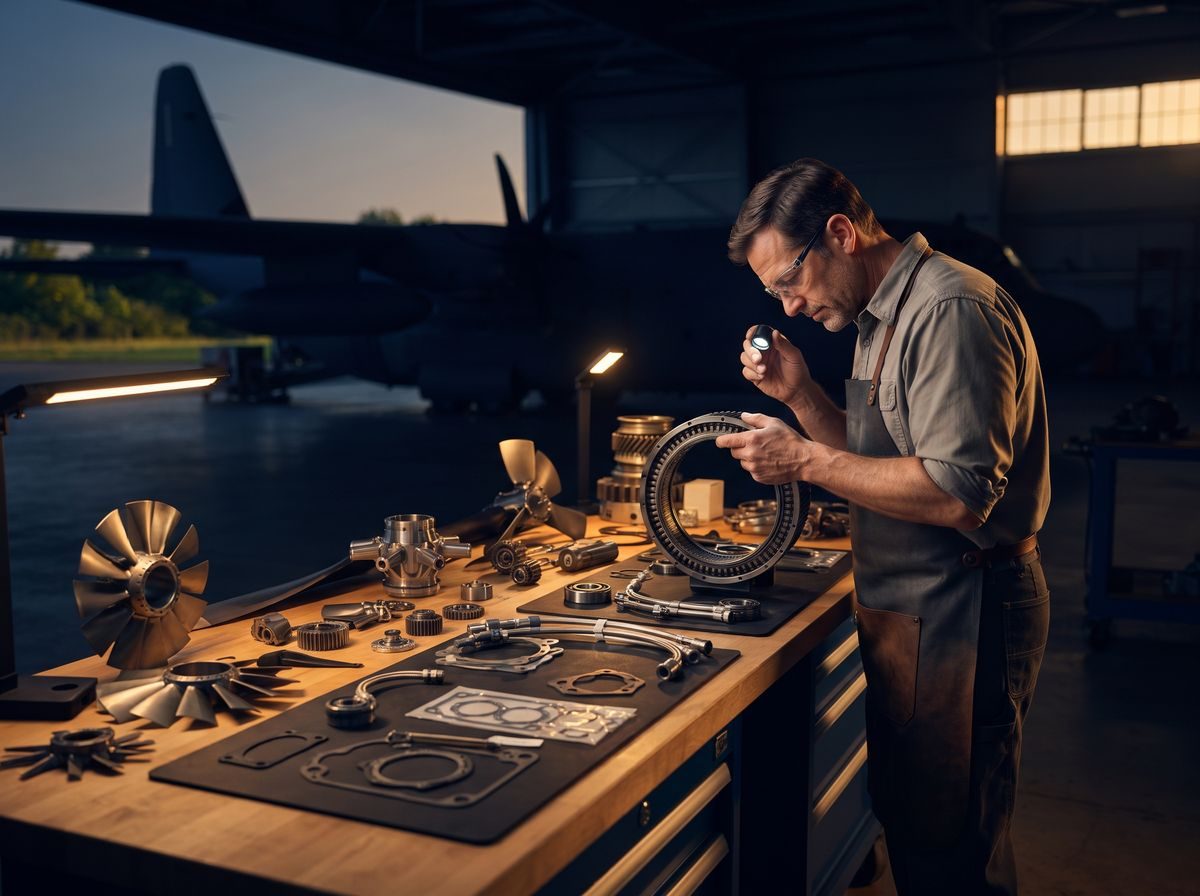 Technician inspecting aircraft spare parts in a hangar