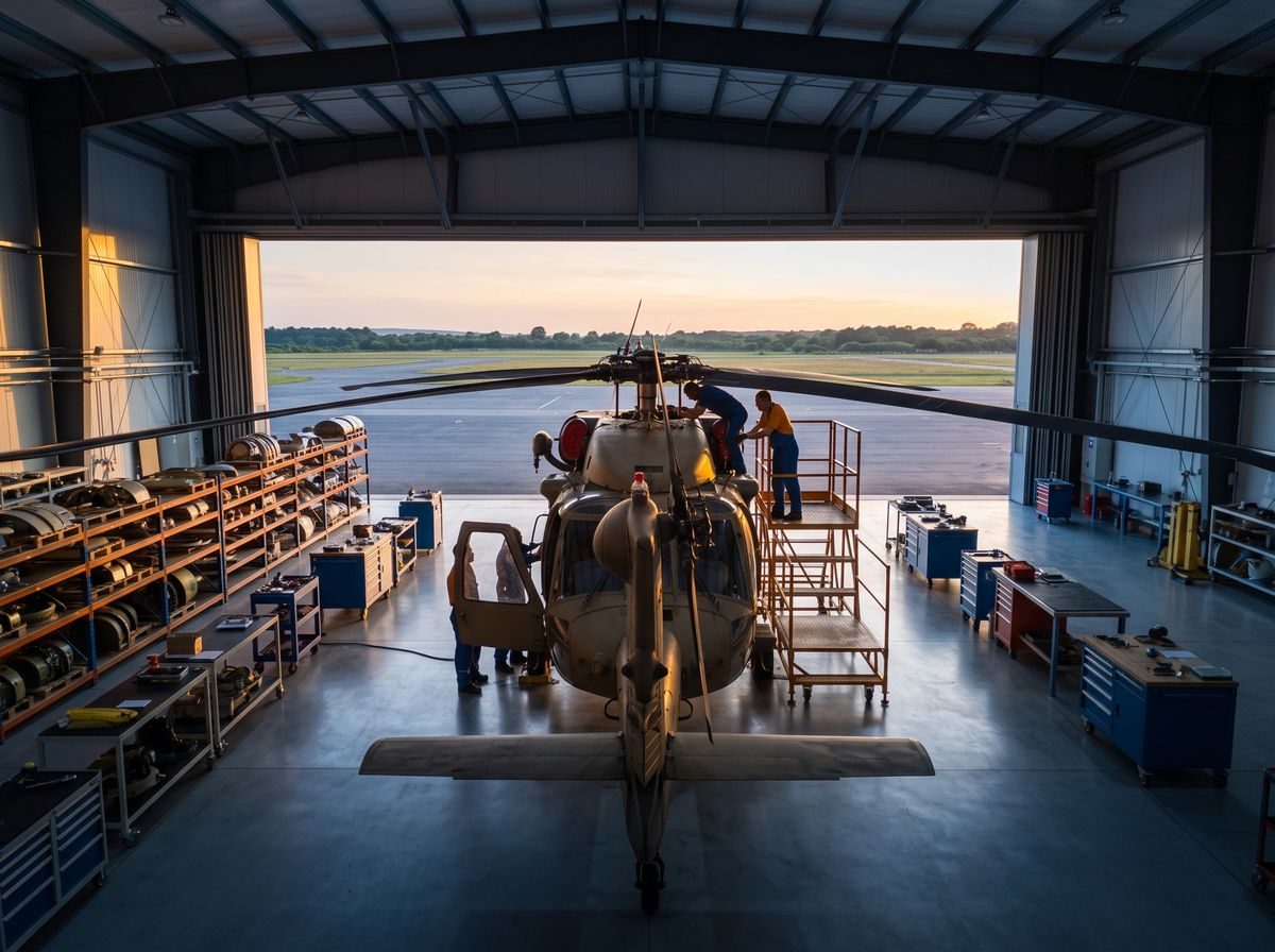 Helicopter maintenance in a hangar at sunset