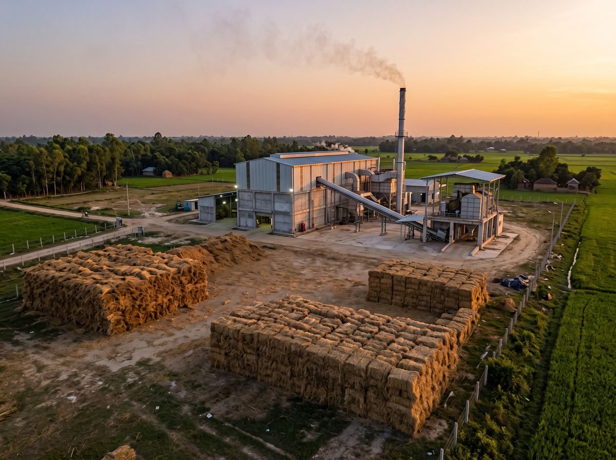 Biomass power plant with stacks of rice straw