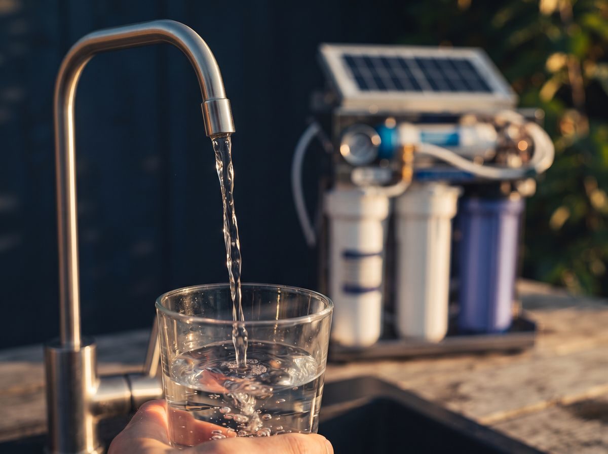 Clean drinking water poured from a solar-powered purifier