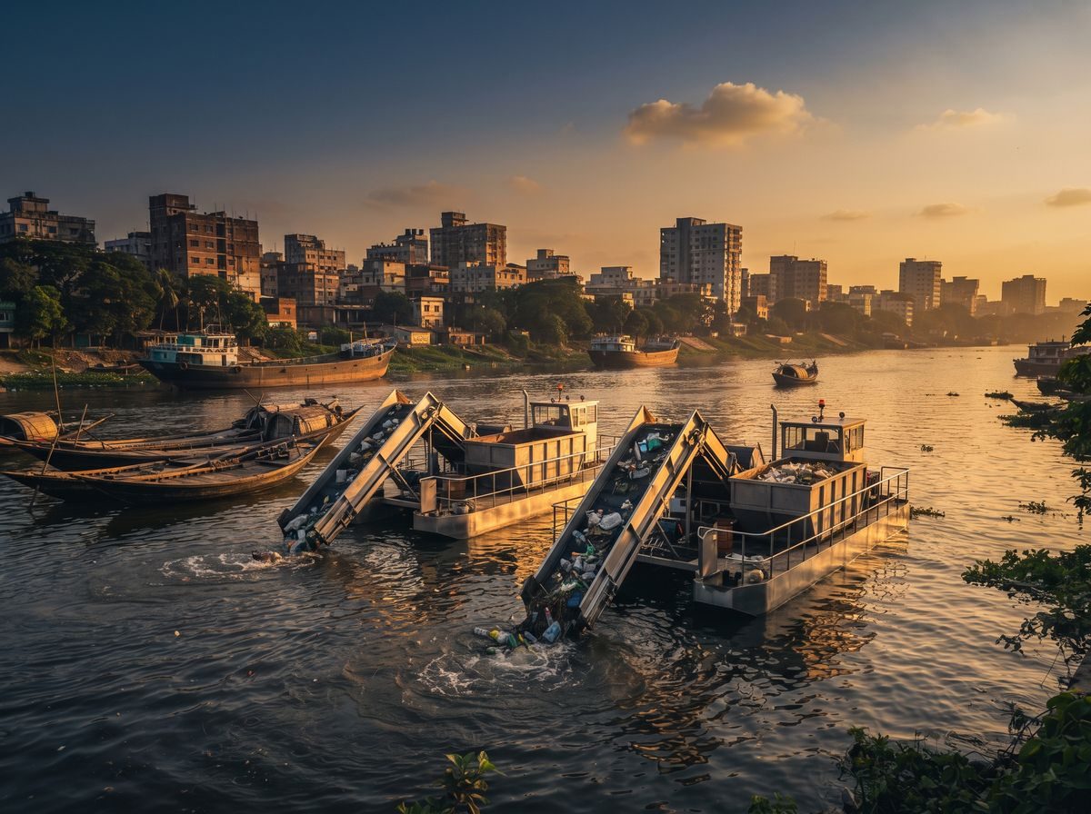 River-cleaning boats collecting floating waste in Dhaka