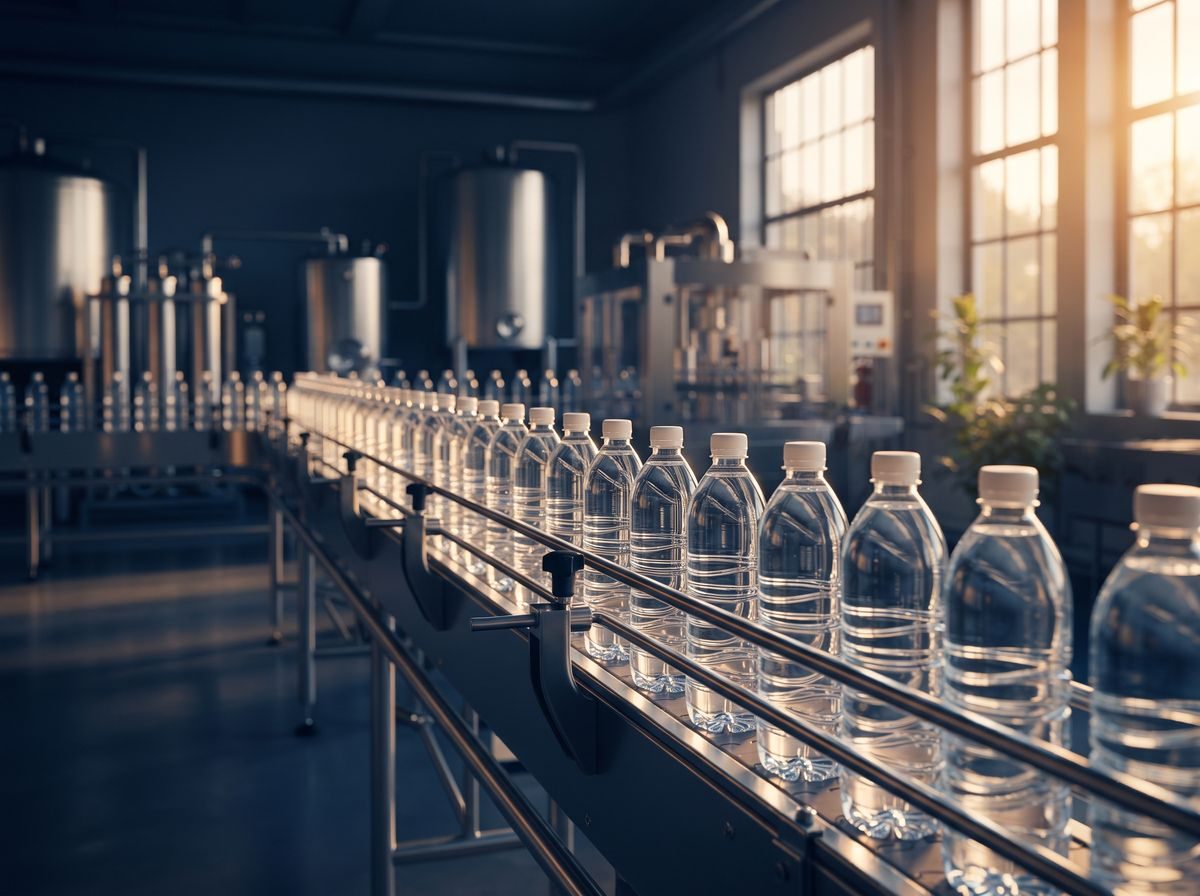 Water bottles on a stainless steel bottling line