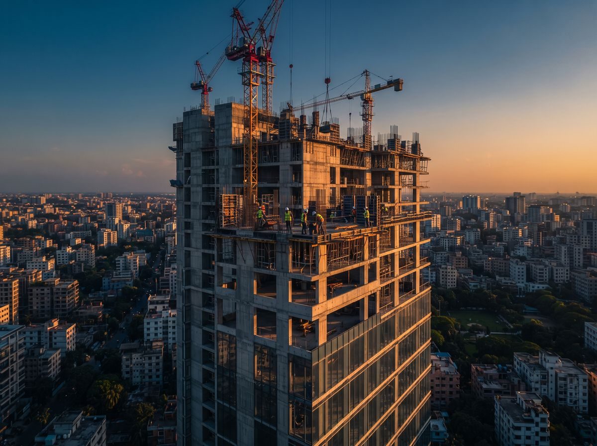 High-rise building under construction with tower cranes