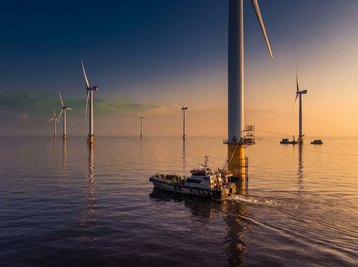 Offshore wind farm at sunset