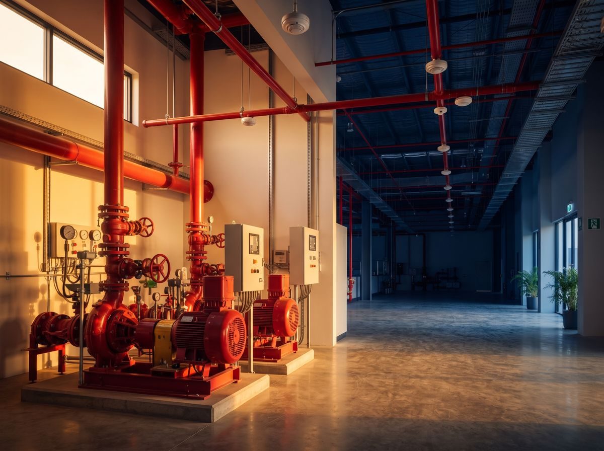 Fire sprinkler pipework and fire pump room