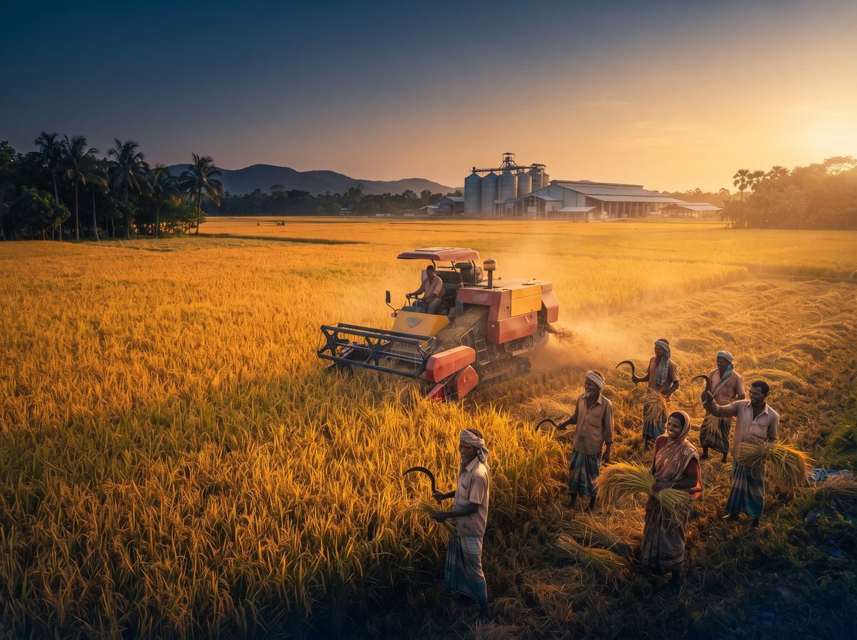 Combine harvester in a golden rice field
