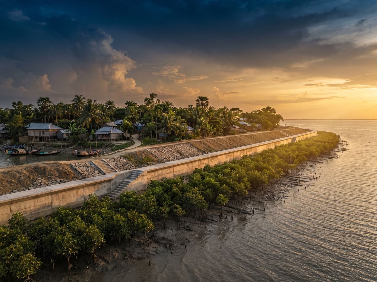 Coastal embankment protecting a delta village