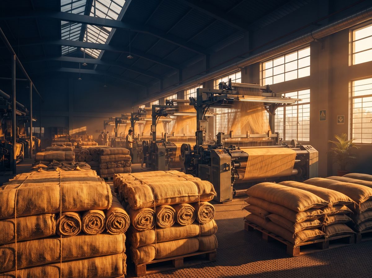 Jute mill with looms and stacked jute rolls