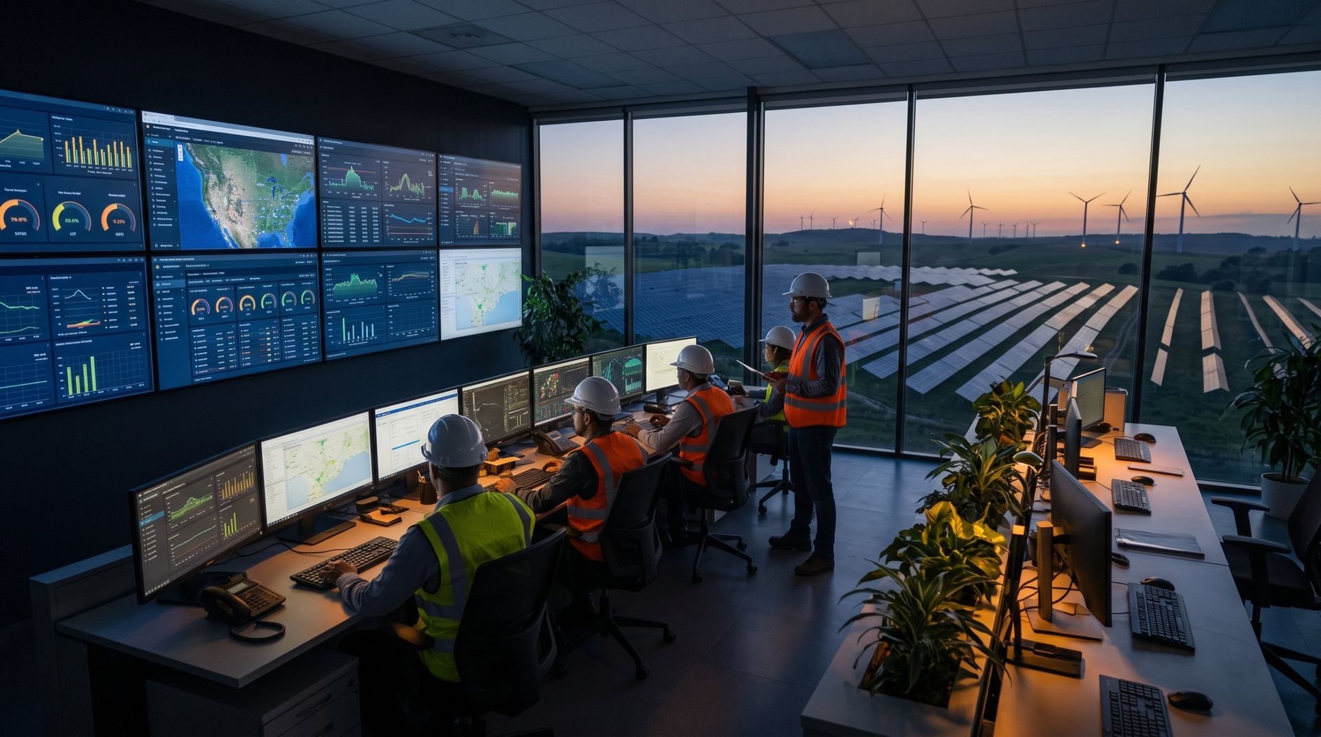 Engineers in a control room overlooking solar and wind farms